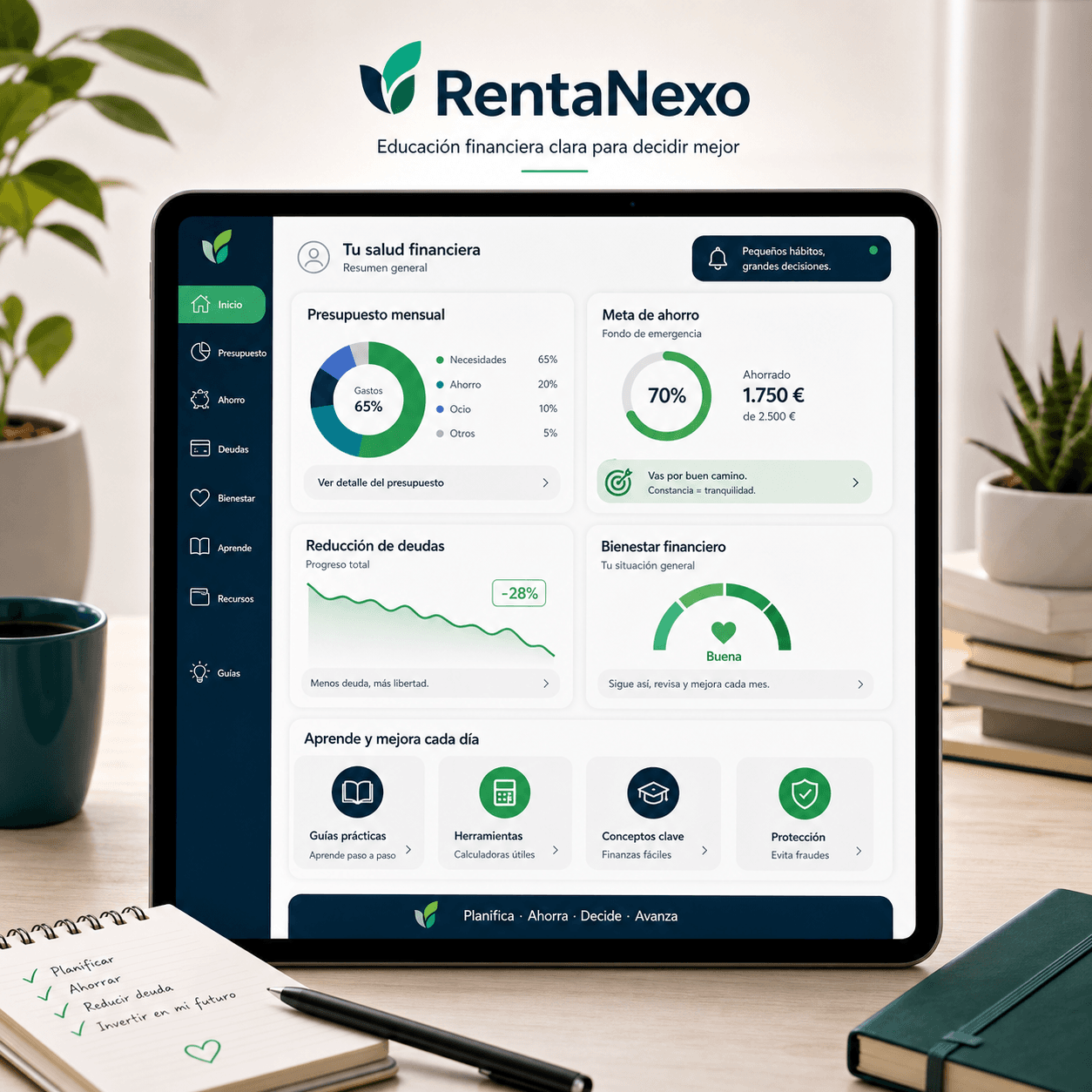 Panel visual de RentaNexo con resumen financiero, presupuesto mensual, meta de ahorro y reducción de deudas